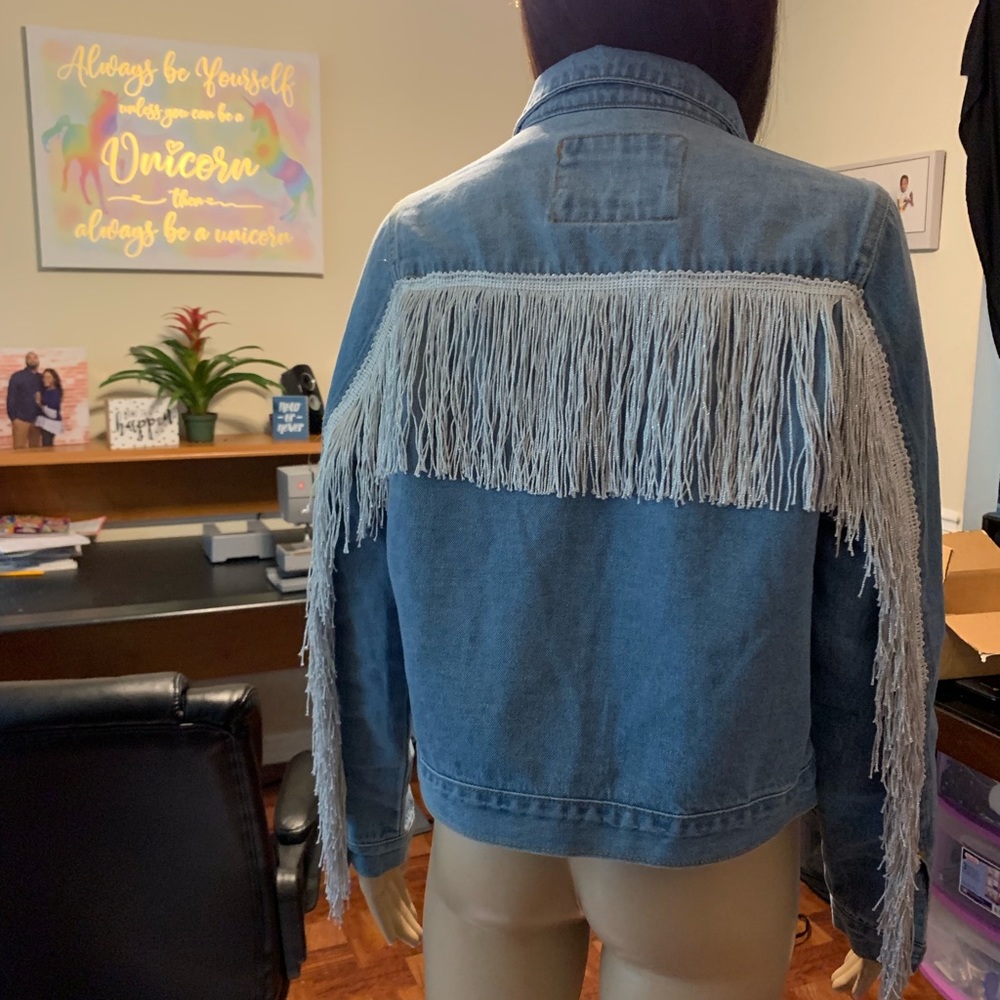 Denim metallic fringe jean cowboy jacket
